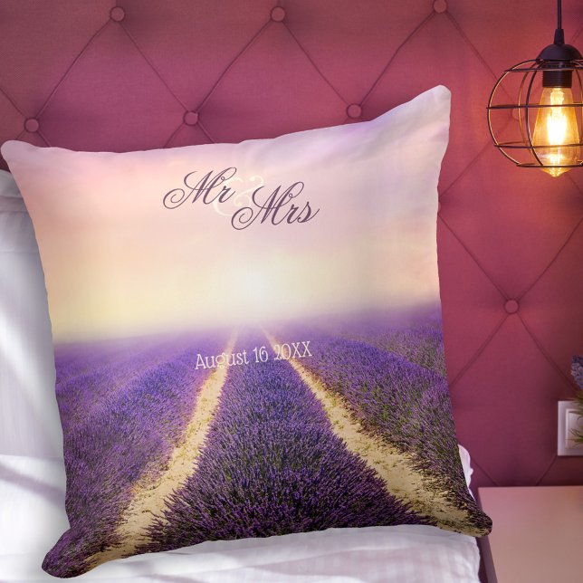 Personalised Lavender Field Wedding Pillow (Romantic wedding pillow featuring a painting of a lavender field in a dreamy atmosphere)