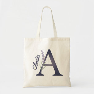 Personalised Lavender Floral A Monogram Tote Bag