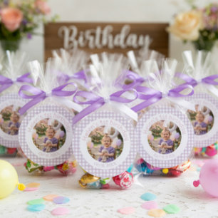 Personalised Lavender Gingham 1st Birthday Photo Classic Round Sticker