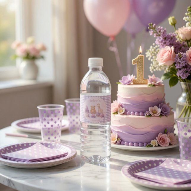 Personalised Lavender Gingham 1st Birthday  Water Bottle Label (Creator Uploaded)