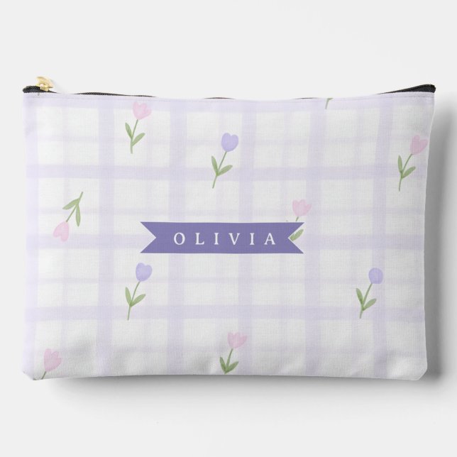 Personalised Lavender Gingham Floral Name Gift Accessory Pouch (Front)
