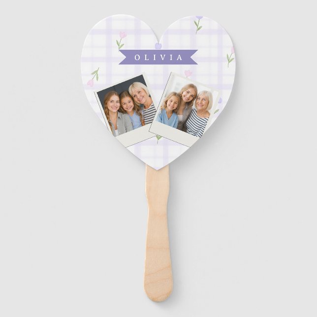 Personalised Lavender Gingham Floral Name Gift Hand Fan (Front)