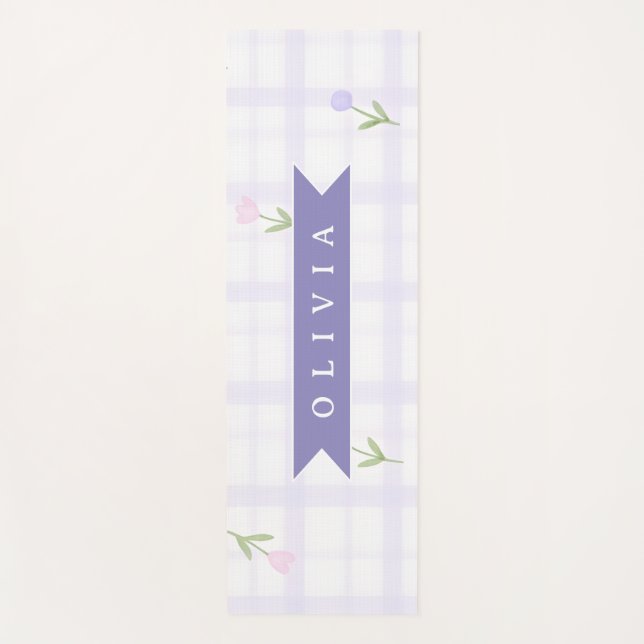 Personalised Lavender Gingham Floral Name Gift Yoga Mat (Front)
