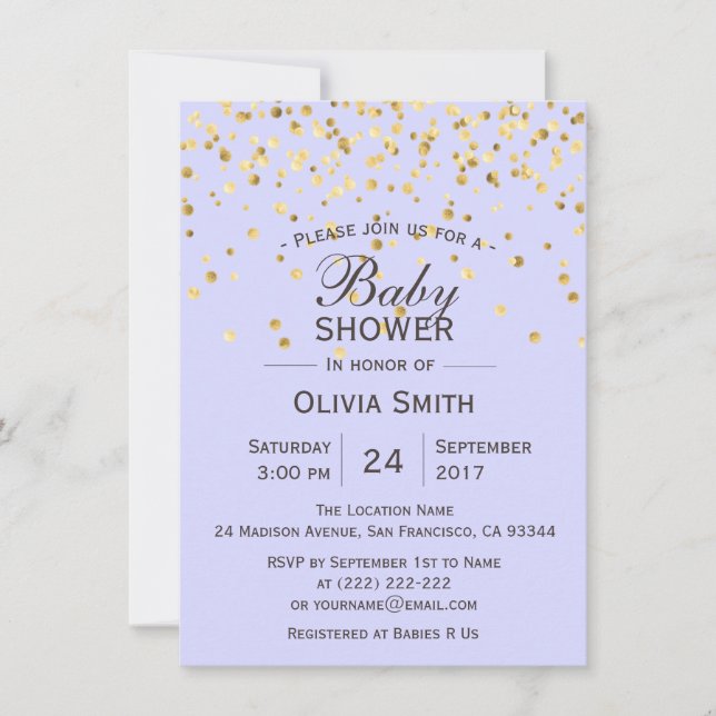 Personalised Lavender Gold Baby Shower Invites (Front)