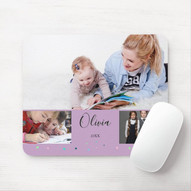 Personalised Lavender School Photo Collage Name Mouse Pad (With Mouse)