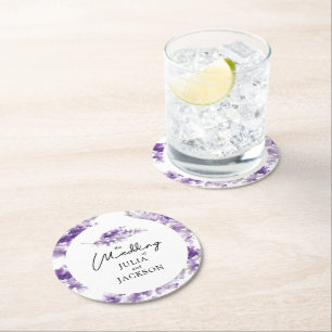 Personalised Lavender Watercolor Wedding Elegant Round Paper Coaster