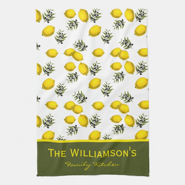 Personalised Lemon and Olive Pattern Tea Towel (Vertical)