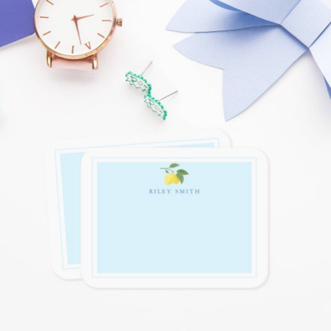 Personalised Lemon Blue Background Flat Note Card (Creator Uploaded)