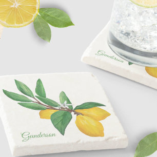 Personalised Lemon Leaf Yellow Green Name Stone Coaster