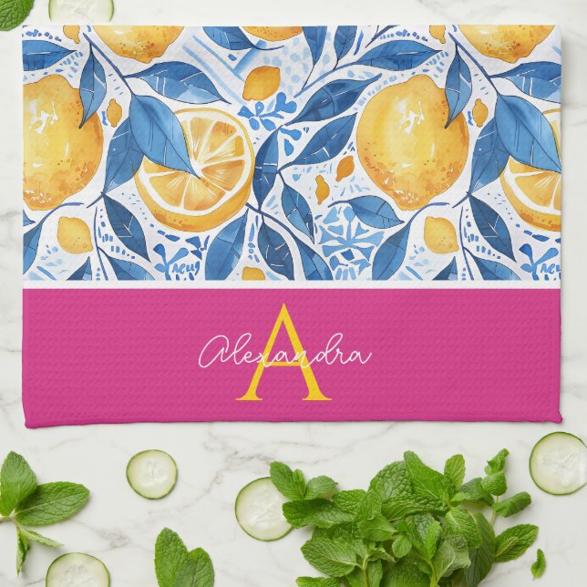 Personalised Lemon Pattern Kitchen Towel (Folded)