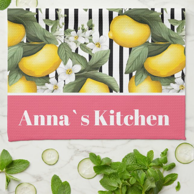 Personalised Lemon Pattern Kitchen Towel (Folded)