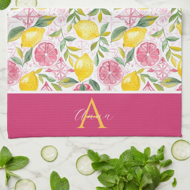 Personalised Lemon Pattern Kitchen Towel (Folded)