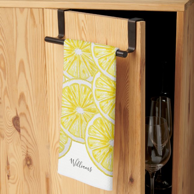 Personalised Lemon Slices Watercolor Pattern Tea Towel (Thirds Fold)