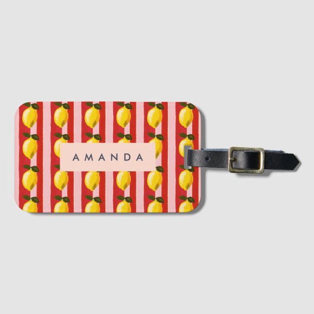 Personalised Lemon Stripe Pattern Yellow Lemons  Luggage Tag (Front Horizontal)