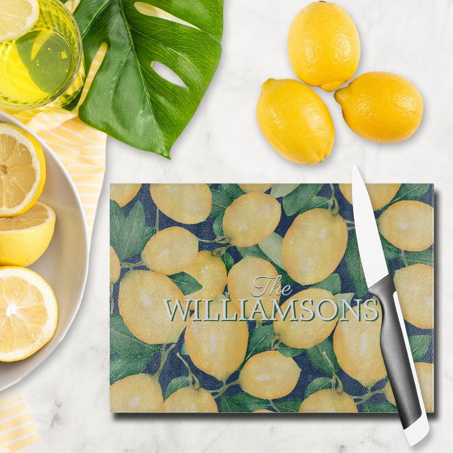 Personalised Lemons Navy Blue Cutting Board (Personalized Lemons on Navy Blue Glass Cutting Board)