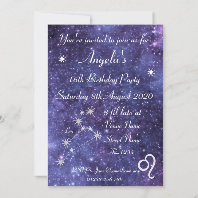 Personalised Leo Zodiac Galaxy Party Invitation (Front)