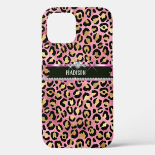 Personalised Leopard Pink Black Gold Diamond iPhone 12 Case