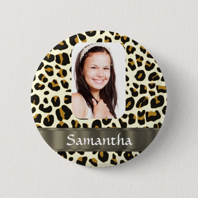 Personalised leopard print 6 cm round badge (Front)