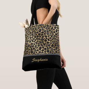 Personalised Leopard Print Black, Grey & Gold Tote Bag