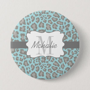 Personalised Leopard Print Blue and Grey Button