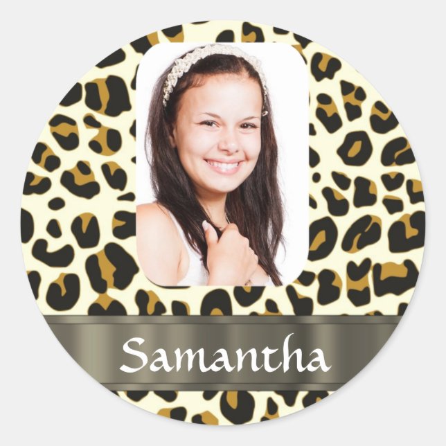 Personalised leopard print classic round sticker (Front)