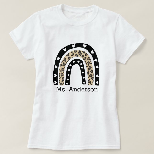 Personalised Leopard Rainbow Teacher Name T-Shirt (Design Front)