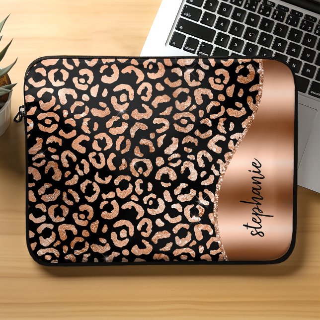 Personalised Leopard Spots Rose Gold Black Laptop Sleeve (Creator Uploaded)