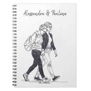 Personalised Lesbian Couple Walking Line Art Notebook