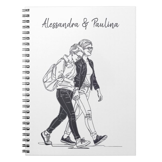 Personalised Lesbian Couple Walking Line Art Notebook (Front)