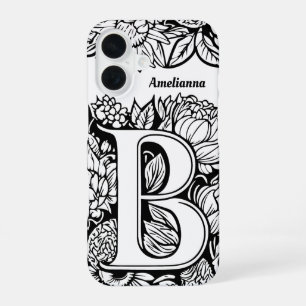 Personalised Letter B Black White Tattoo Flowers iPhone 16 Case