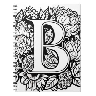 Personalised Letter B Black White Tattoo Flowers Notebook