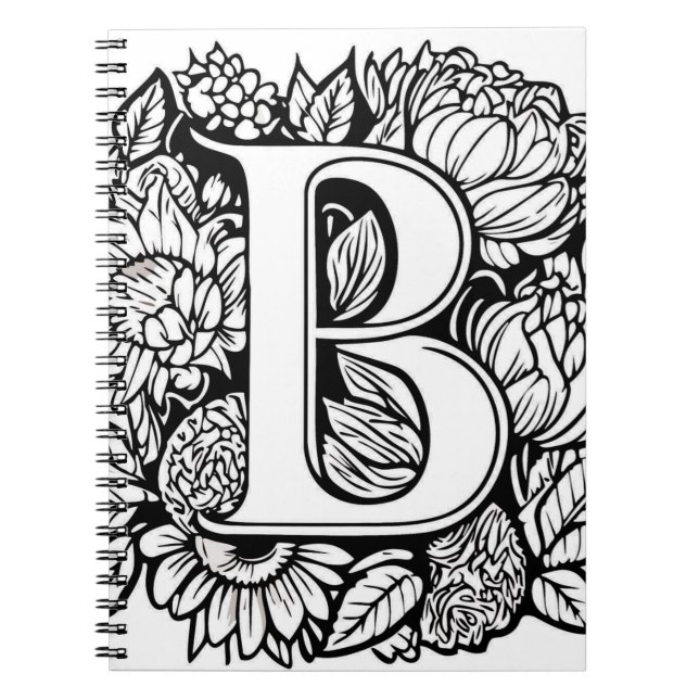 Personalised Letter B Black White Tattoo Flowers Notebook (Front)