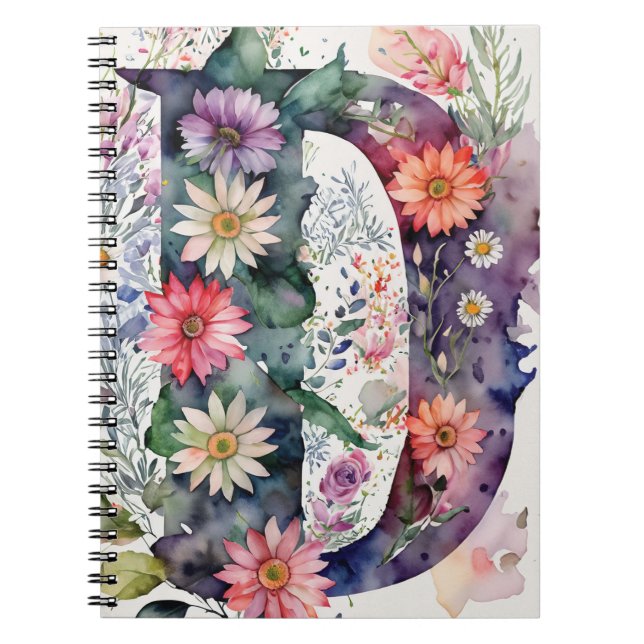 Personalised Letter D Floral Watercolor Notebook  (Front)