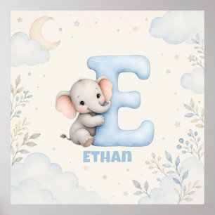 Personalised Letter E Baby Elephant Name Design Poster