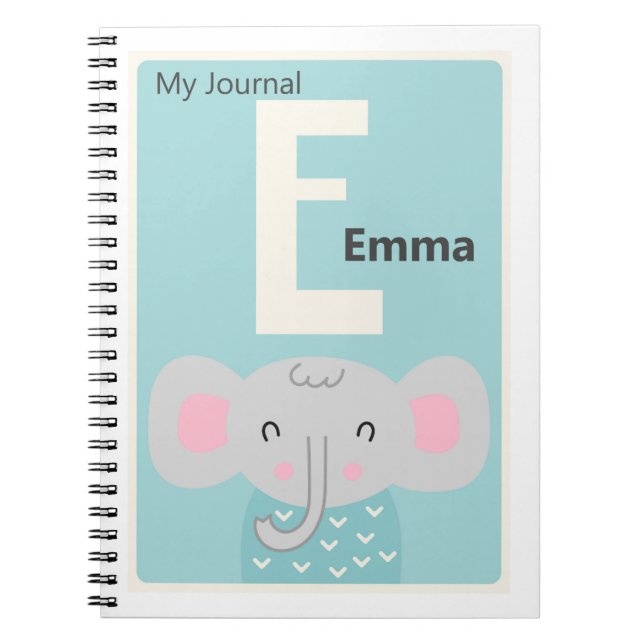 Personalised Letter E | Cute Elephant Kids Journal (Front)