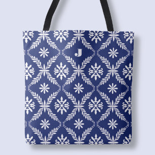 Personalised Letter Elegant Blue Pattern Initial Tote Bag