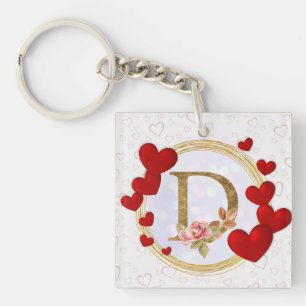 Personalised Letter Floral Monogram and Red Heart Key Ring