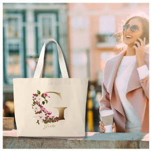 Personalised Letter G Elegant Floral Gold Monogram Large Tote Bag