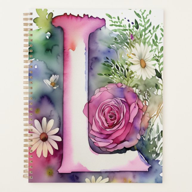 Personalised Letter L Floral Watercolor Notebook  Planner (Front)