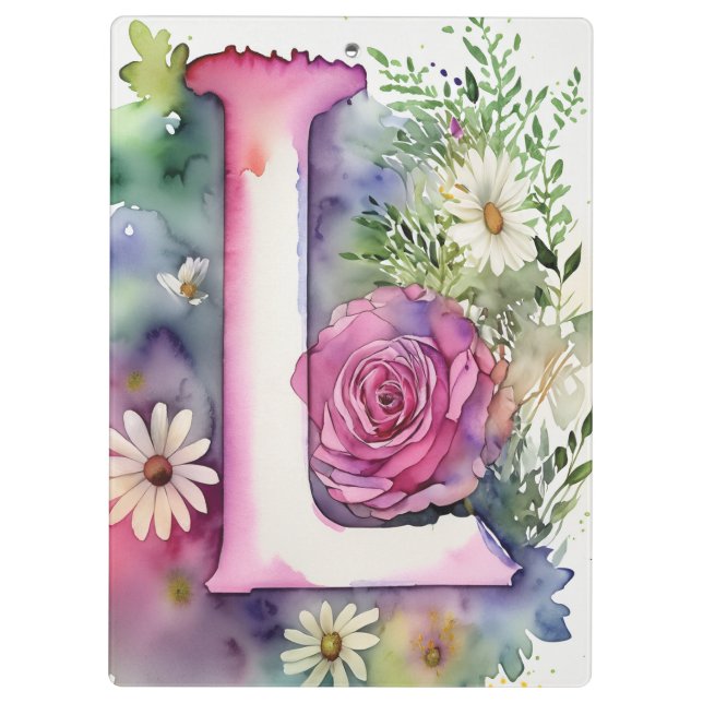 Personalised Letter L Floral Watercolor Teacher's  Clipboard (Back)