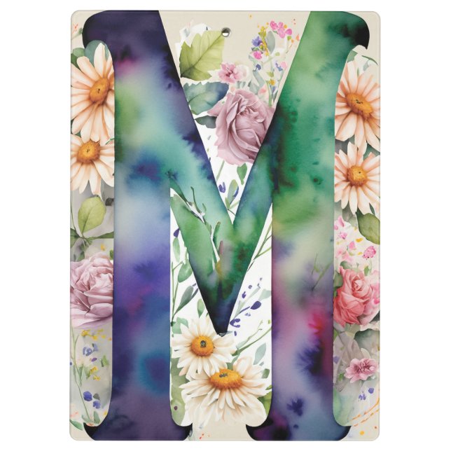 Personalised Letter M Floral Watercolor Teacher's  Clipboard (Back)