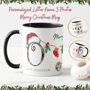 Personalised Letter Name 3 Photos Merry Christmas  Mug