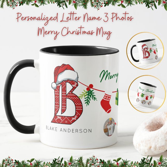 Personalised Letter Name 3 Photos Merry Christmas  Mug (Creator Uploaded)