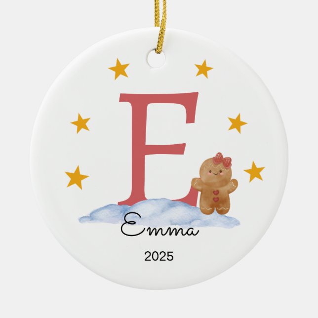 Personalised Letter Name Ornament, Gingerbread Ceramic Tree Decoration (Front)