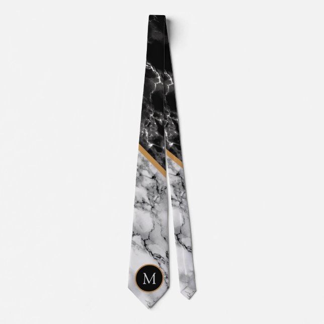 Personalised Letter Neck Tie Black White Marble (Front)