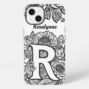 Personalised Letter R Black White Tattoo Flowers iPhone 13 Case