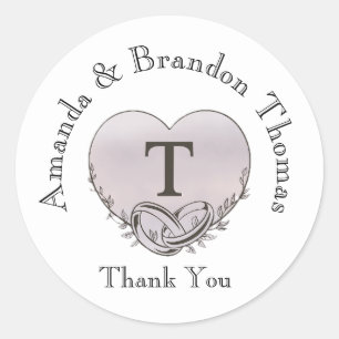 Personalised Letter T Heart Wedding Thank You Classic Round Sticker
