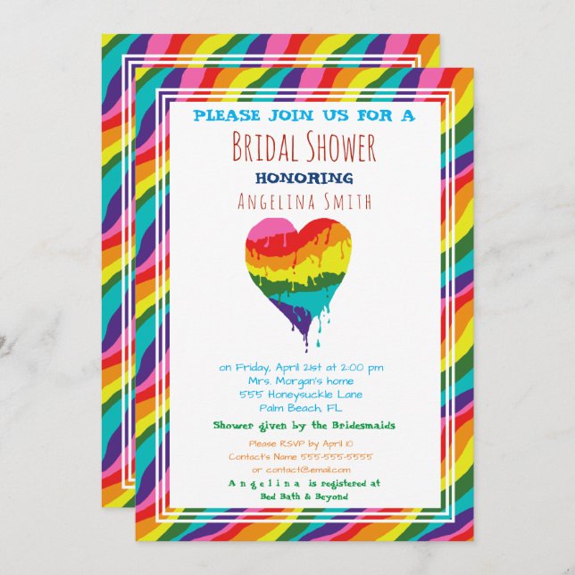 Personalised  LGBT Rainbow Heart  Bridal Shower Invitation (Front/Back)