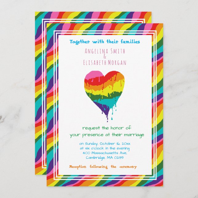 Personalised  LGBT Rainbow Heart  Wedding Invitation (Front/Back)