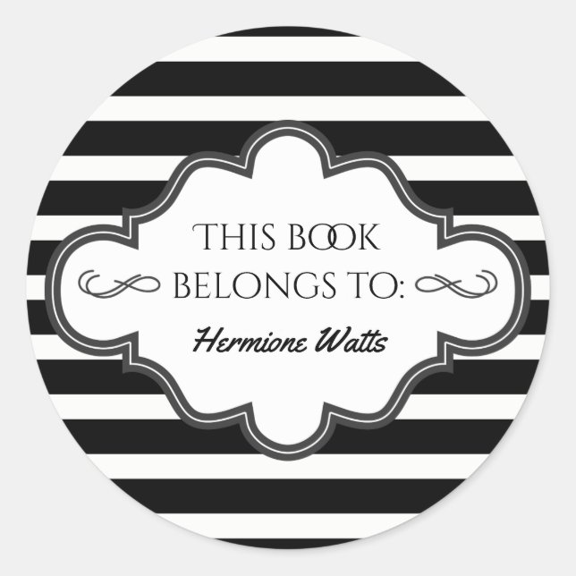Personalised Library Bookplate Black Stripes Classic Round Sticker (Front)